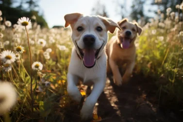 Perros corriendo en las flores